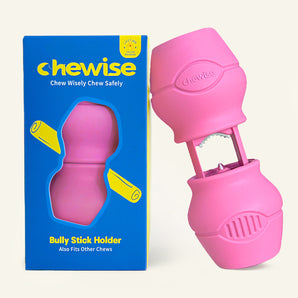 Pink Chewise bully stick holder, standard size, safe dog chew accessory
