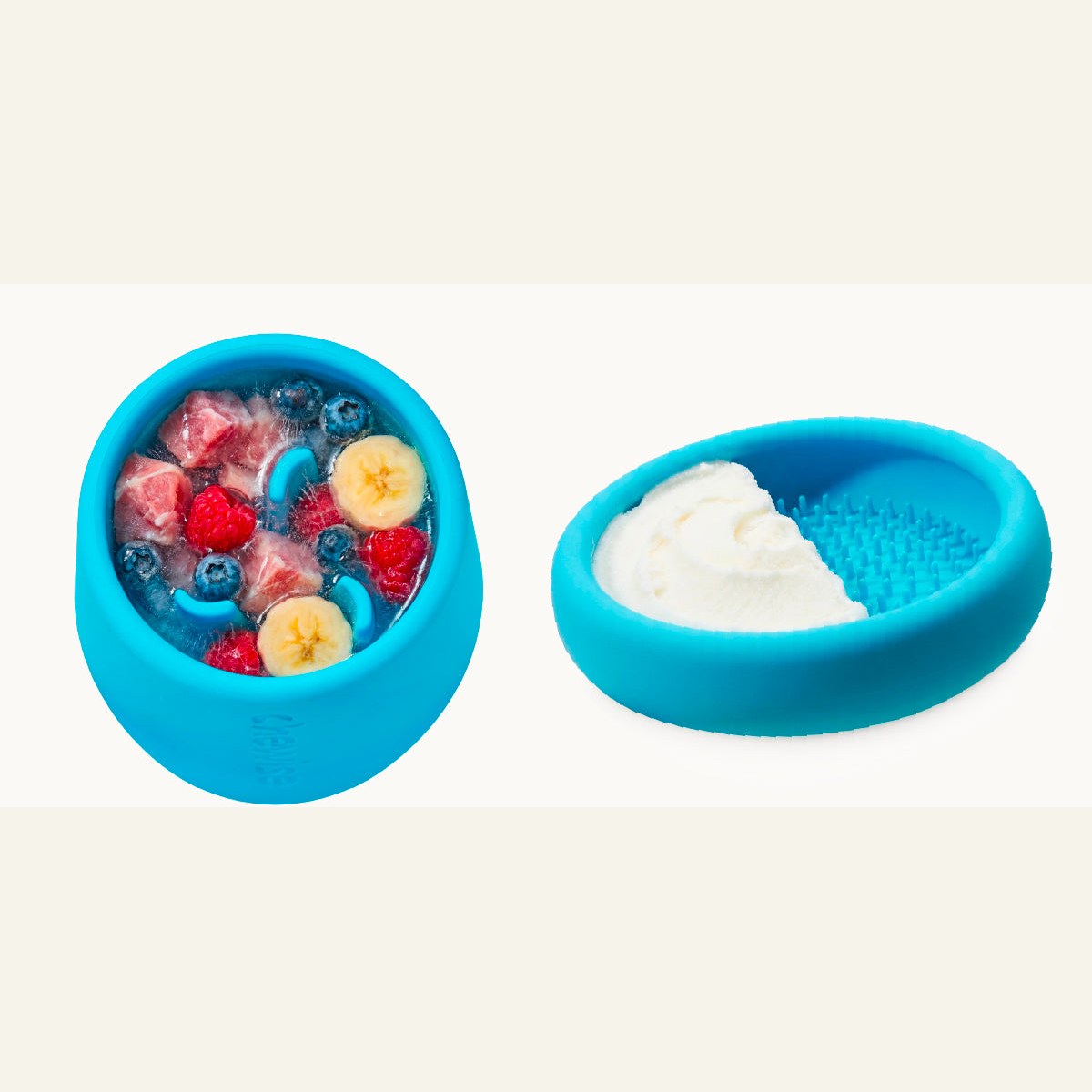 The deep Freeze Bowl and the shallow lick plate, both filled