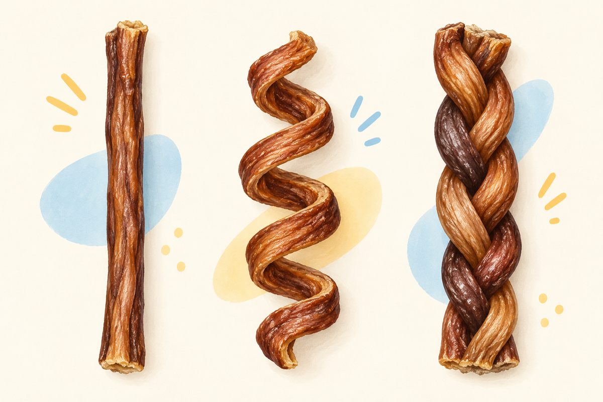 Illustration of straight, curly and braided bully stick shapes