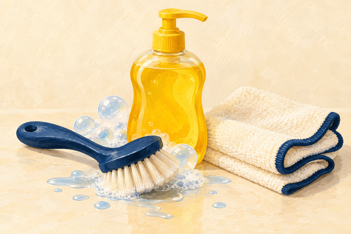 Editorial illustration of a cleaning brush, dish soap, bubbles and a clean towel for a bully stick holder care guide.