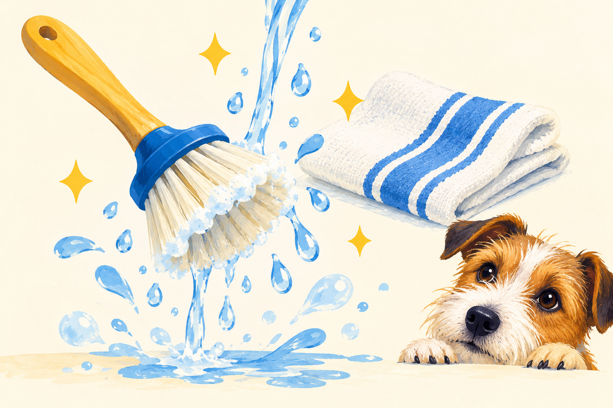 Editorial illustration of a soft dish brush, running water, a clean towel and a curious terrier.