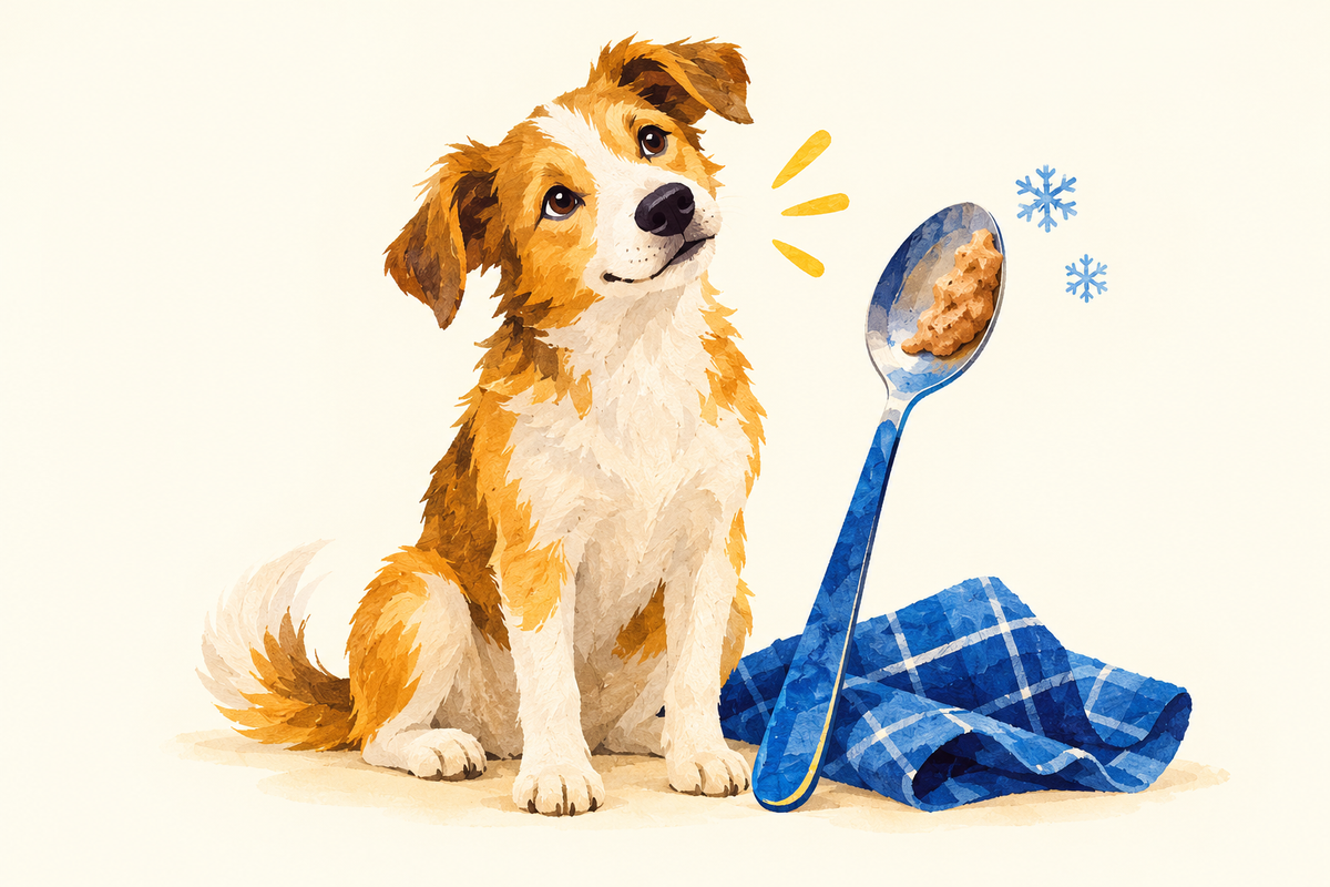 Editorial illustration of a curious dog, a spoon holding soft food, snowflakes and a blue kitchen cloth.