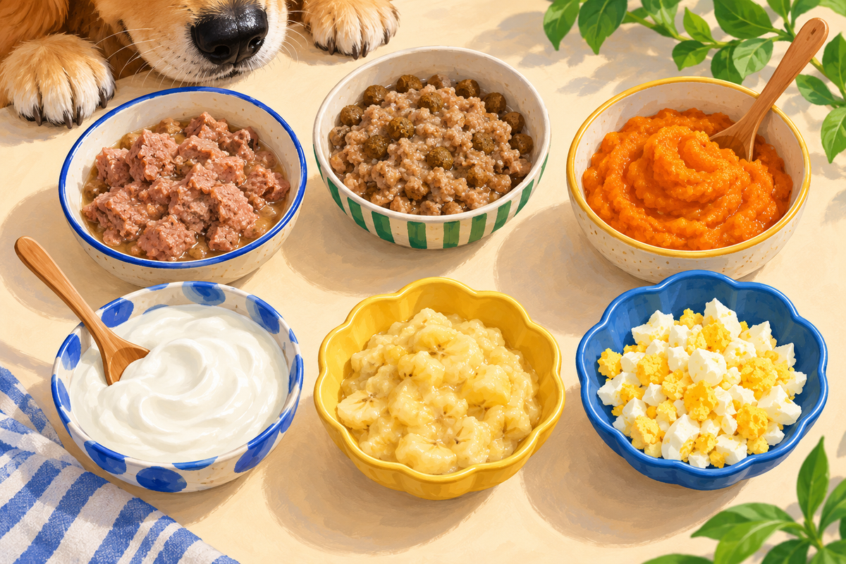Editorial illustration of six plain lick mat topping alternatives: wet dog food, softened kibble, pumpkin, yogurt, banana and cooked egg.