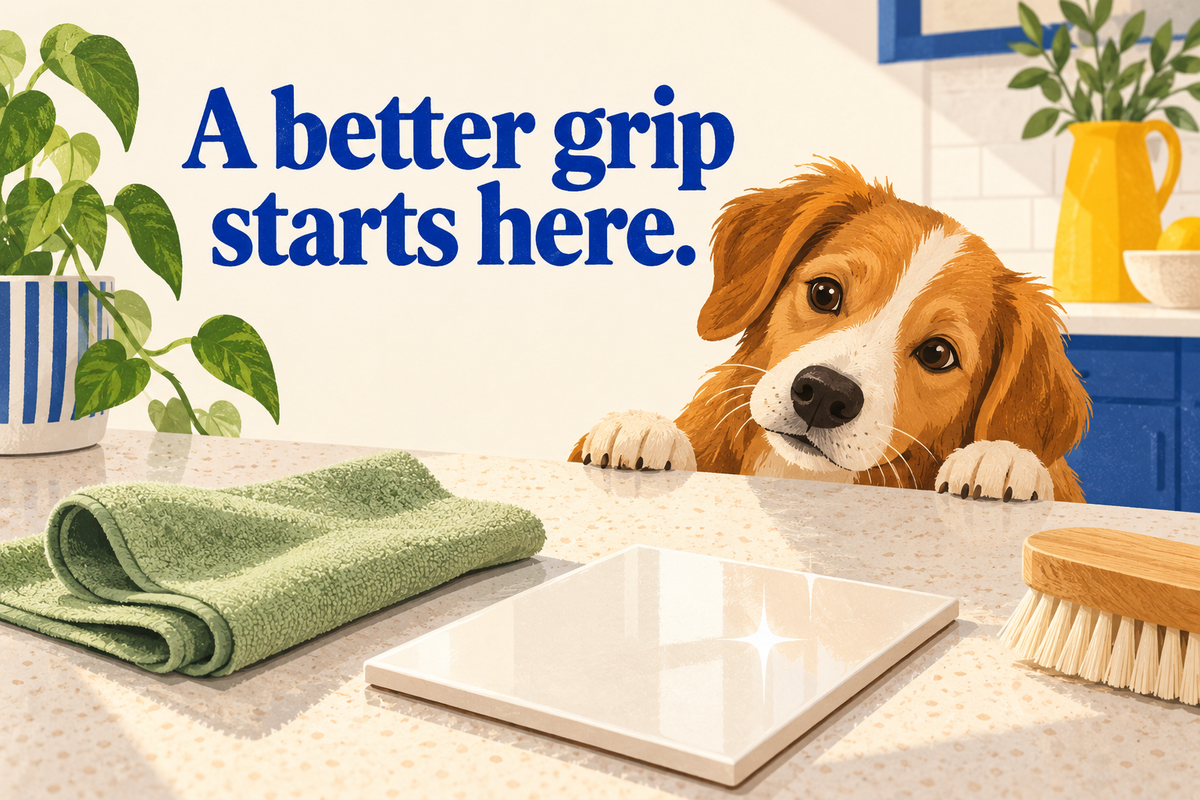 Editorial illustration of a curious dog beside a cleaning cloth, brush and glossy tile, with the words A better grip starts here.