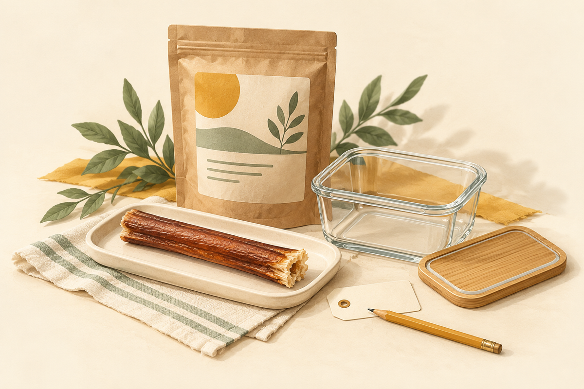 Editorial illustration of a dog chew, treat packaging, an empty storage container and a date label.