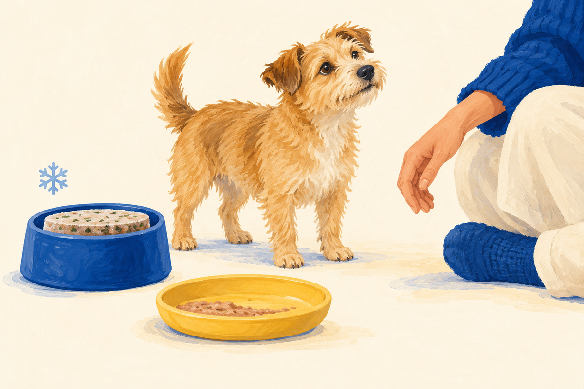 Editorial illustration of a terrier pausing beside a frozen bowl and a shallow dish while an owner supervises