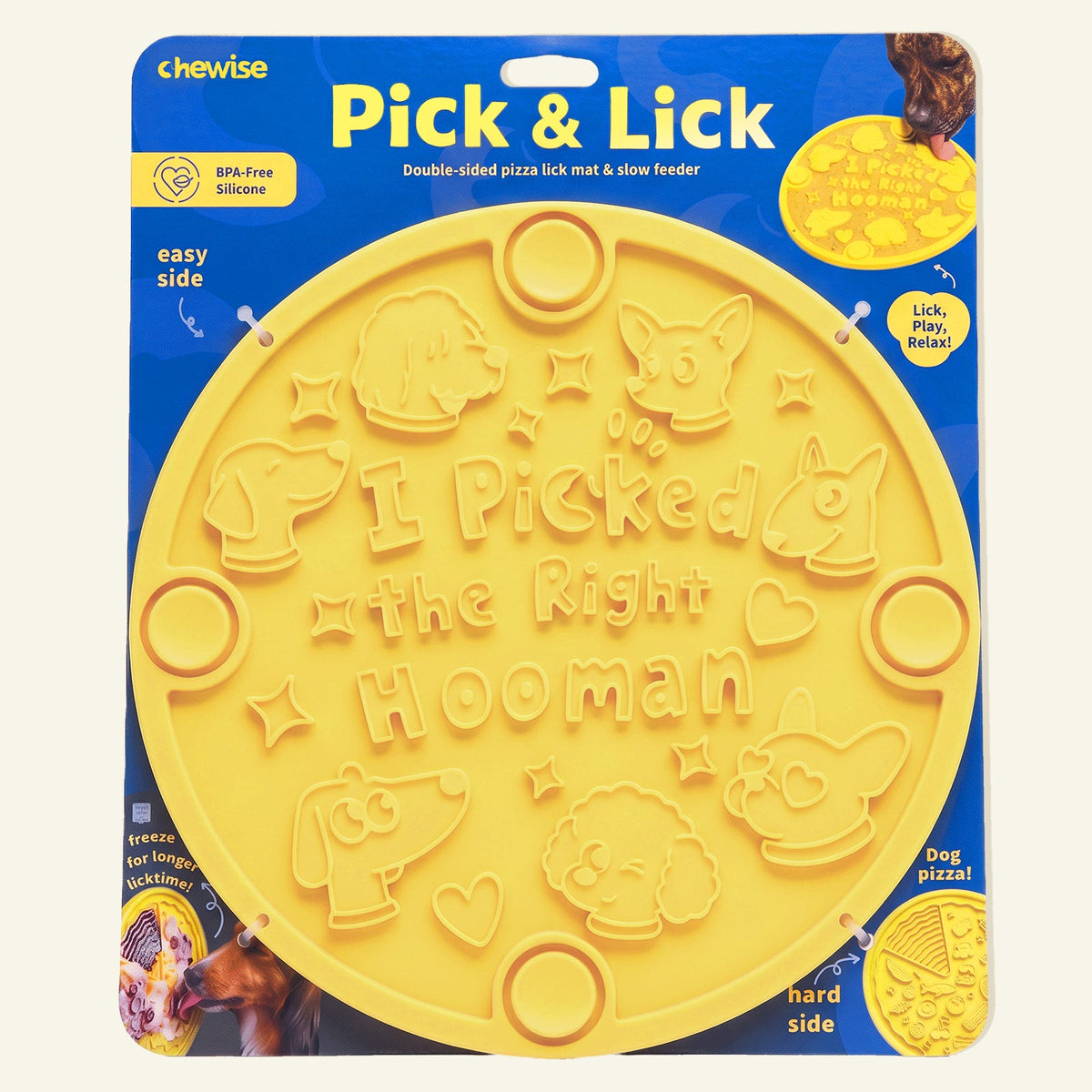 Yellow Chewise Pick & Lick mat displayed on its blue retail card.