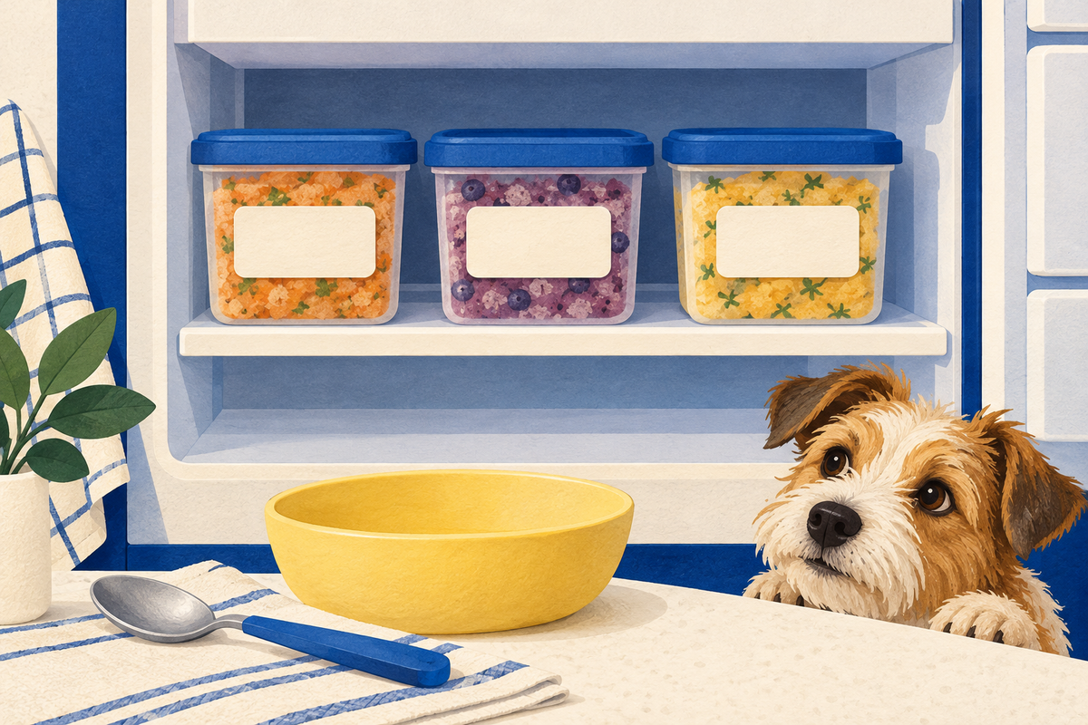 Editorial illustration of covered food containers on a freezer shelf, a yellow bowl and a dog