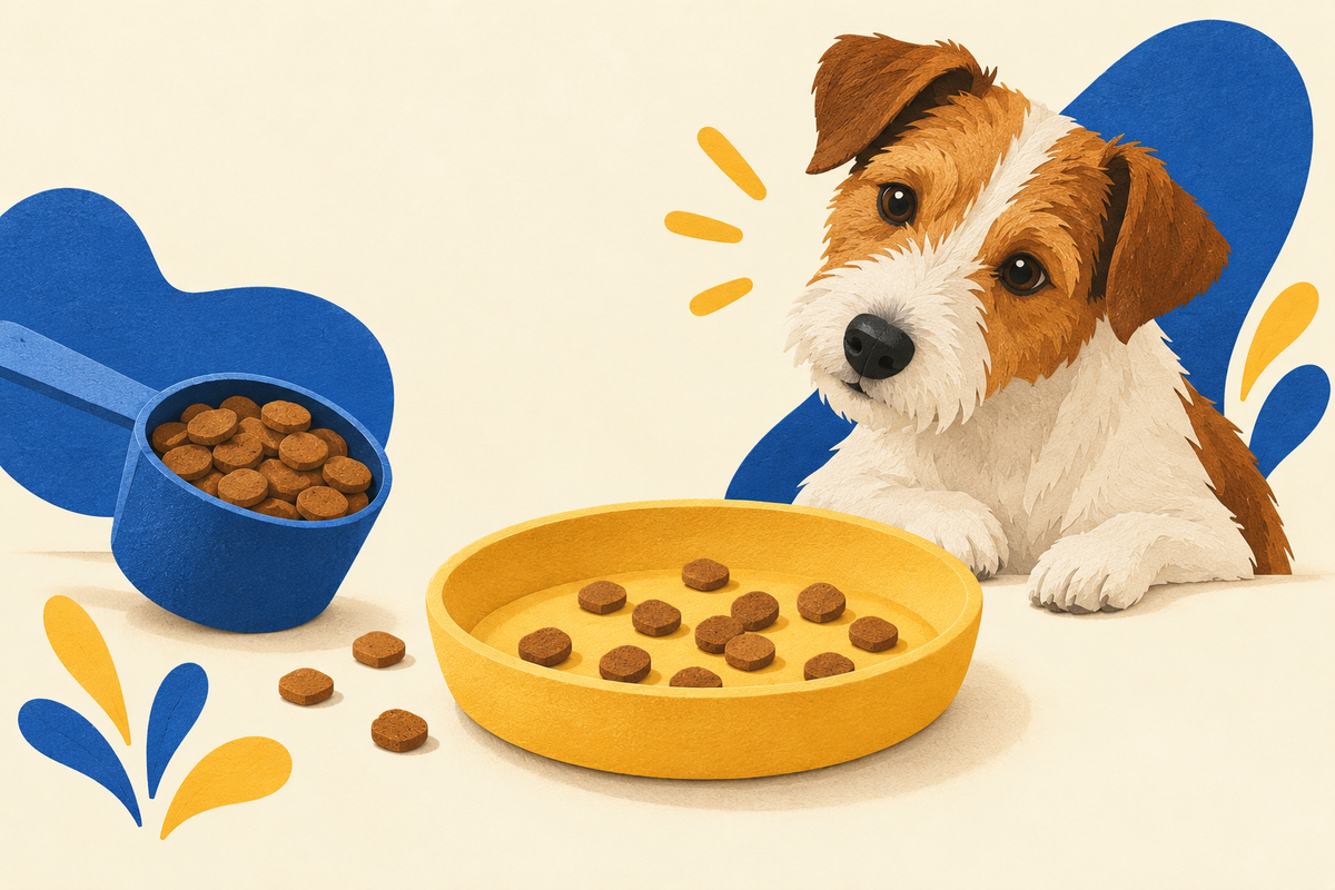 Editorial illustration of a kibble scoop, a shallow dish and a curious terrier; not a product demonstration.