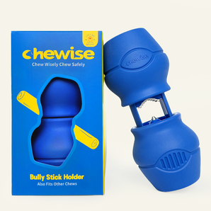 Blue Chewise bully stick holder, standard size, safe dog chew accessory